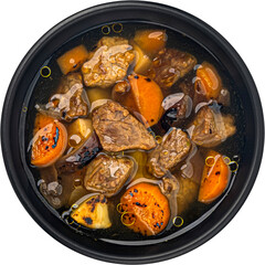 Beef stew with broth, soup with meat isolated on white background, top view