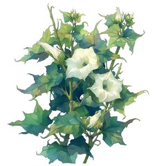 A rustic portrayal of a Jimsonweed plant, hallucinogenic properties cloaked in white and green, nightshades and moonlight whites, white background, vivid watercolor, 