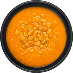 Lentil cream soup isolated, top view