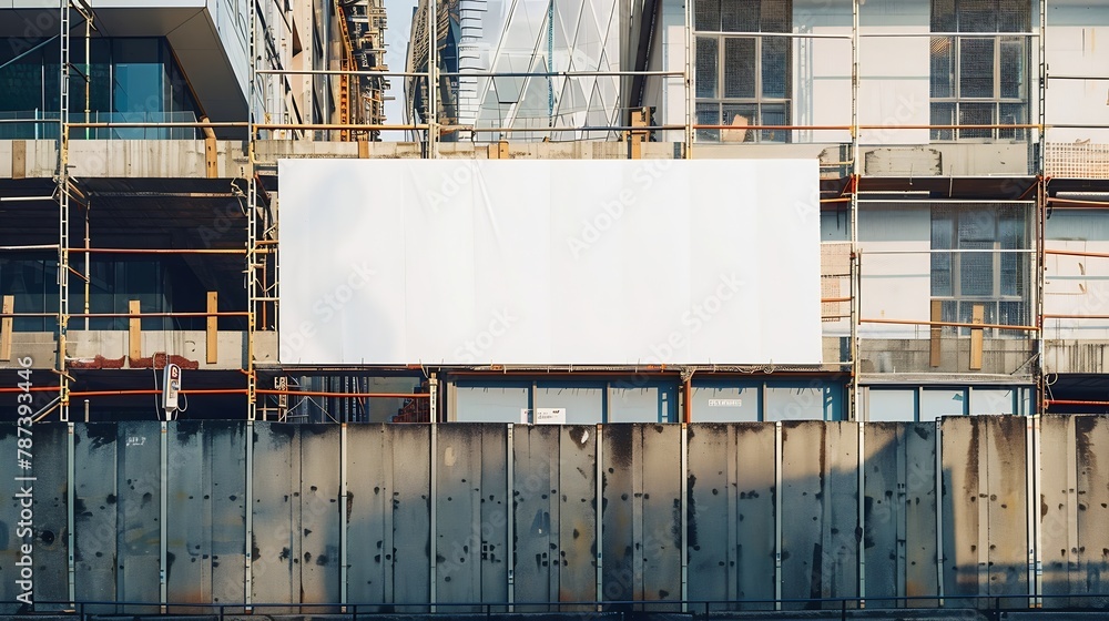 Poster blank white banner for advertisement on a fence of a building under construction : generative ai