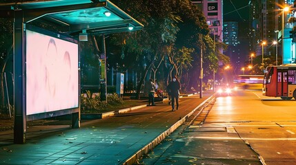 Digital Media blank advertising billboard in the bus stop  at avenue of Sao Paulo city Blank...