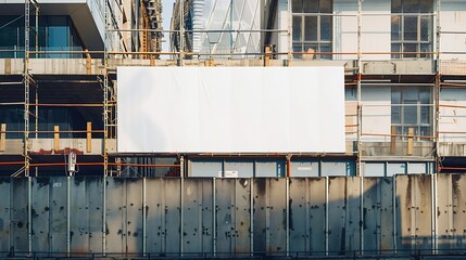 Blank white banner for advertisement on a fence of a building under construction : Generative AI