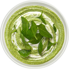 Bowl of broccoli cream soup isolated, Top view