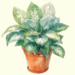 Aglaonema Silver Bay with silvery leaves and dark green margins, watercolor, classic terra cotta pot, watercolor, isolate. - obrazy, fototapety, plakaty