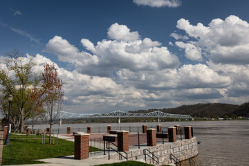 A view from Madison, Indiana riverside park on the bank of Ohio river towards bridge towards Milton, Kentucky