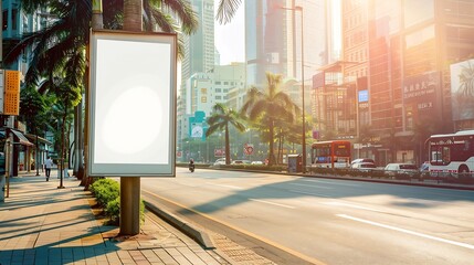 billboard on street corner blank white poster and advertiser ad space digital outdoor display lightbox mockup base empty display panel glass design soft streetscape shopping street bac : Generative AI