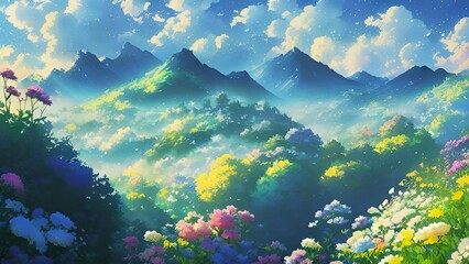 Fototapeta na wymiar Enchanted Valleys: A Serenade of Light and Blossoms