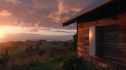 Modern battery on old cabin wall, New Zealand hills behind. The sunset lights up a modern battery on an old wooden cabin. - Powered by Adobe