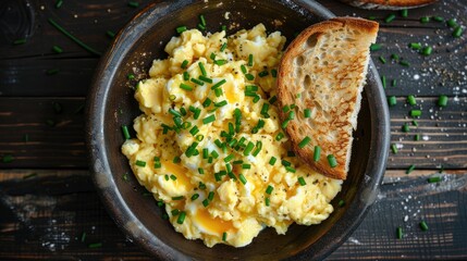 Scrambled eggs and buttered toast topped with chives served on a dark wooden table