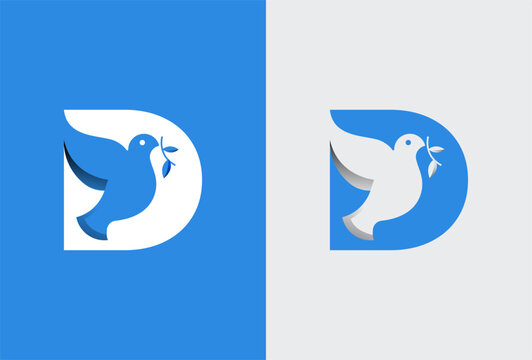Dove logo. letter D with negative space dove bird inside, isolated on background in two color style, vector illustration