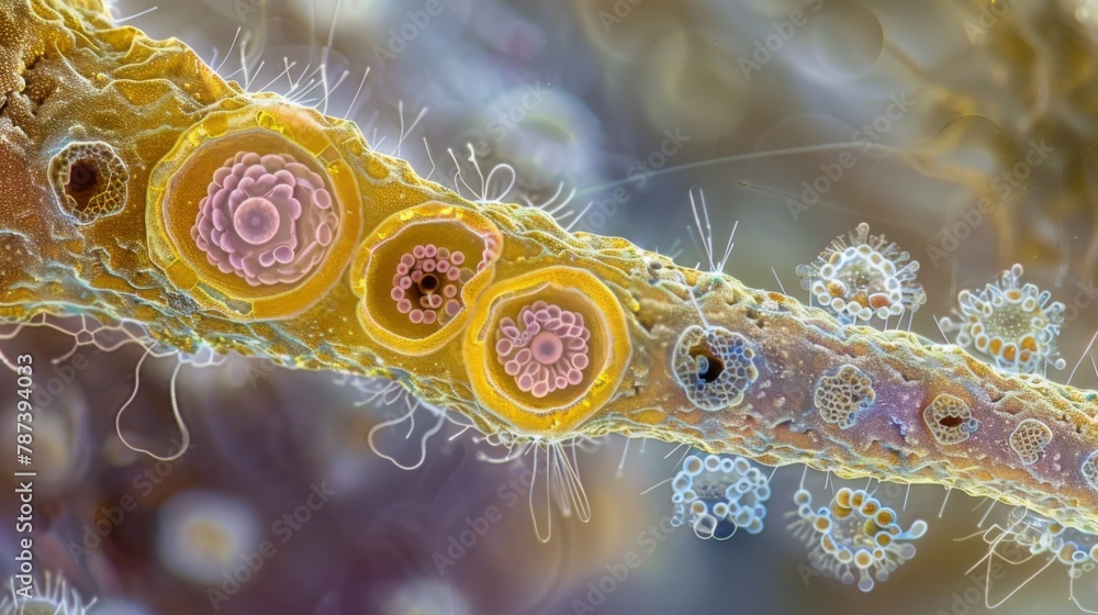 Poster a magnified image of a euglenoid cell highlighting its flagellum that enables it to swim and gather 