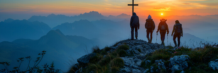  Persons Walking to the Safety of the Cross,
Jesus on Cross against the Sunset 3d image wallpaper 
  - obrazy, fototapety, plakaty