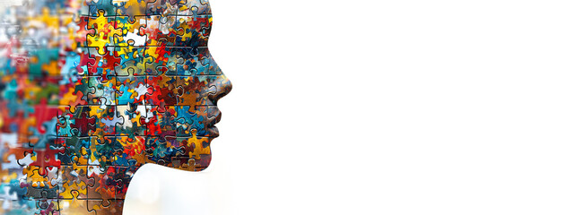 a human head is overlaid with the intricate patterns of a jigsaw puzzle, symbolizing the challenges and complexities of cognitive psychology and psychotherapy on white background