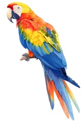 Obraz premium A colorful rendering of a parrot, vivid feathers in a spectrum of colors, white background, vivid watercolor, white background, 