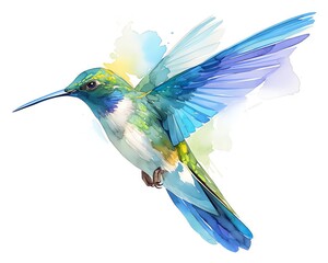 Fototapeta premium A delicate painting of a hummingbird in midflight, bright greens and blues highlighted, white background, vivid watercolor, white background, 