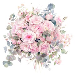 A delicate watercolor of a bridal bouquet with soft roses and eucalyptus, pastel colors on a white background, vivid watercolor, 