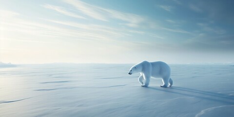 A pure white polar bear wandering across a vast snowy expanse under a pastel blue sky