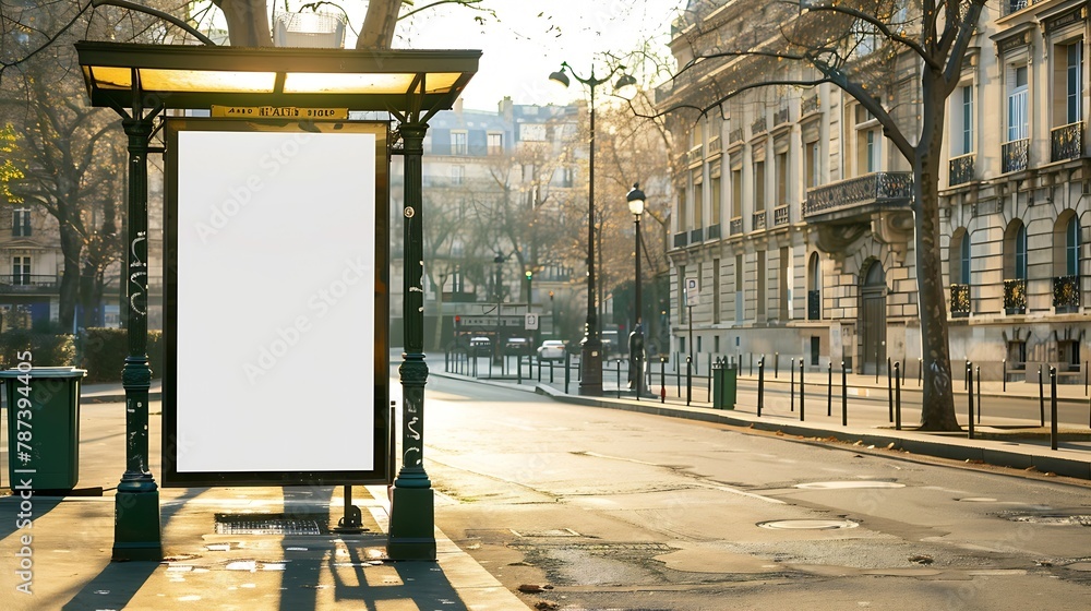 Aufkleber blank bus stop billboard mockup in empty street in paris parisian style hoarding advertisement close