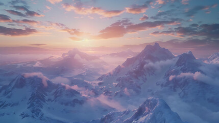 Fototapeta na wymiar View of snow covered mountains at sunrise