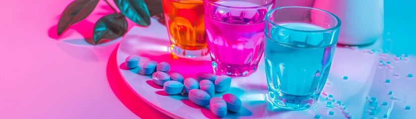 three glasses of colored water and pills on a white plate - obrazy, fototapety, plakaty