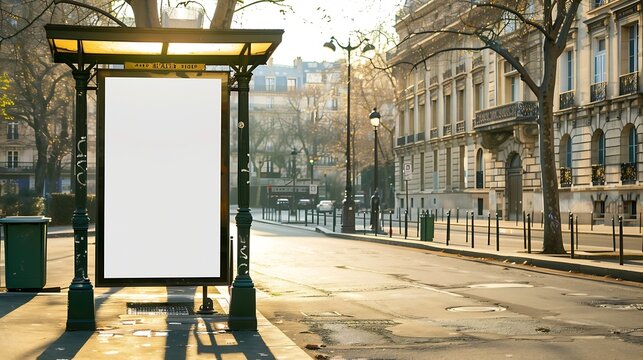 Blank bus stop billboard Mockup in empty street in Paris Parisian style hoarding advertisement close to a park in beautiful city : Generative AI