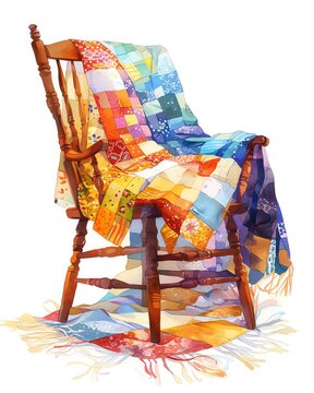 A detailed sketch of a handpieced quilt draped over a farmhouse chair, patchwork of colors and patterns, vivid watercolor, white background, 