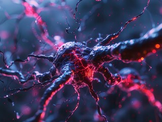 Nerve cell firing a signal through an axon, the process of nerve communication. Captures the dynamic and complex activity within the nervous system, transmission of information between neurons - obrazy, fototapety, plakaty