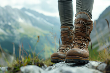 legs in hiking shoes or boots of a woman in the mountains, high alps, beautiful summer landscape, walking