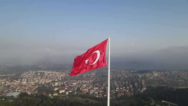 Turkish Flag in the Foggy Morning Drone Video Uskudar, Istanbul  Turkiye (Turkey)