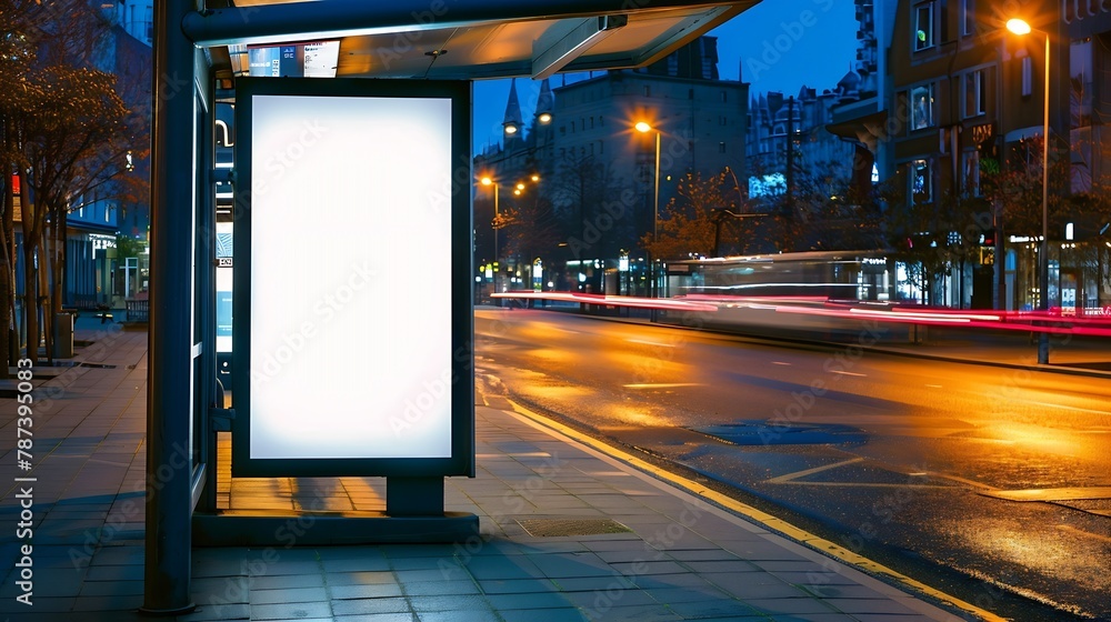 Poster vertical advertising poster mockup at empty bus stop shelter by main road outofhome ooh 6 sheet bill
