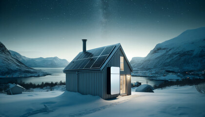 Battery mounted on house exterior, overlooking Norwegian fjord landscape. Energy system with an exterior battery in a scenic Norwegian location. - obrazy, fototapety, plakaty