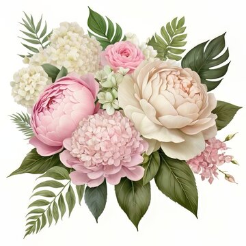 Pink flower bouquet with dusty pink and cream roses, peonies, hydrangeas, and tropical leaves