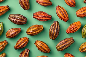 Vibrant cacao pods arranged on a green background, showcasing the source of chocolate. - obrazy, fototapety, plakaty