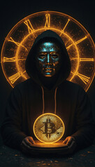 a man in a black hoodie with a coin in front of him bitcoin concept