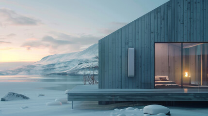 Battery mounted on house exterior, overlooking Norwegian fjord landscape. Energy system with an exterior battery in a scenic Norwegian location. - obrazy, fototapety, plakaty