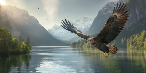 Majestic capture of an eagle soaring with wide wings over a serene mountain lake, embodying freedom and wilderness
