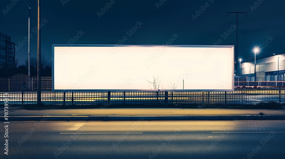 Poster long empty information signboard located on fence near asphalt road side view business and industria