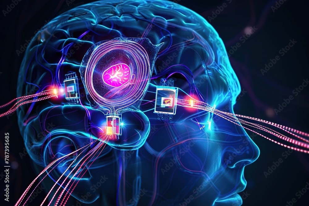 Poster 3d render of a futuristic interface connected to a human brain.