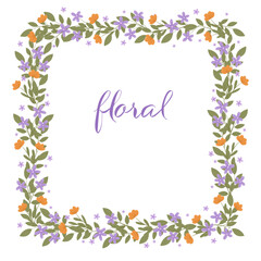 Fototapeta na wymiar Flower frame for print design. Abstract purple and orange flowers. Vector vintage card. Hand drawn style. Thank you title. Square frame. Design for invitation, wedding or greeting cards.