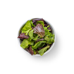 Overhead view of a side dish of mixed greens