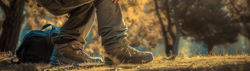 A man in hiking boots is kneeling on the ground next to his backpack in the woods. - obrazy, fototapety, plakaty