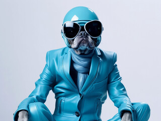 Portrait of pit bull dog with the fashionable dressing, wearing sunglasses