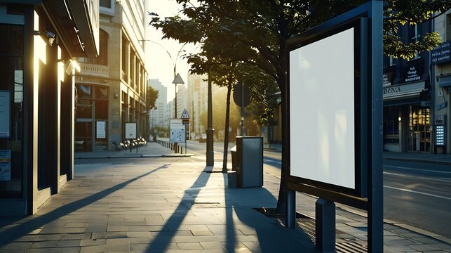 Fototapeta Mockup of the blank white street city outdoor advertising square billboard in black frame on sidewalk : Generative AI