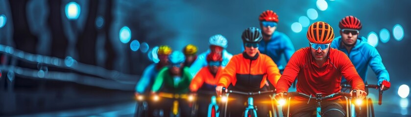 A group of cyclists riding on a dark city street at night. The cyclists are wearing bright, colorful clothing and the street is lit up by the lights of the city. - obrazy, fototapety, plakaty