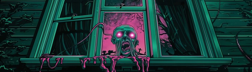 Obraz premium A green window with a boarded up exterior and a zombie inside