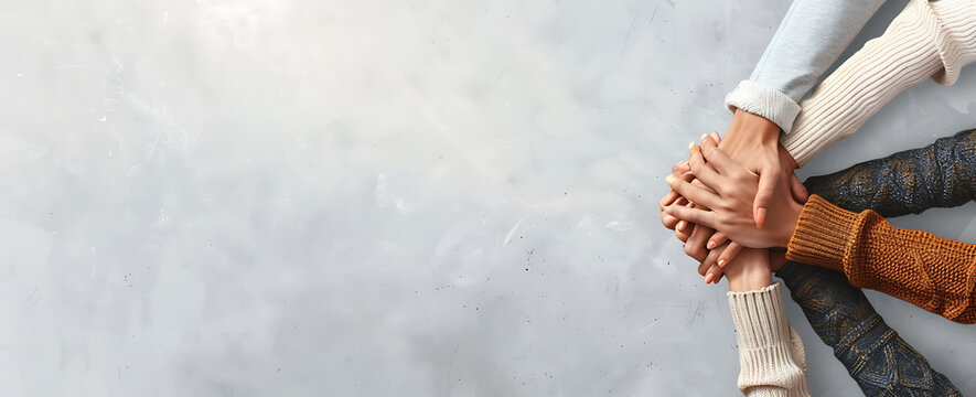 Mains unies symbolisant l'unit&eacute; et la solidarit&eacute; sur fond neutre avec espace pour texte.
