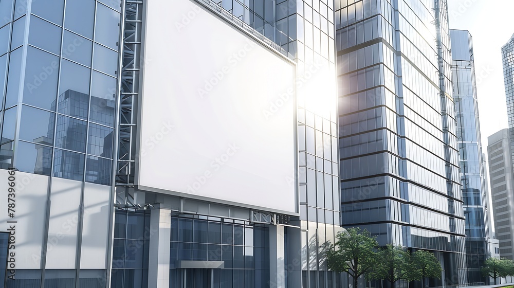 Poster big blank billboard on glassy business center at sunny day mock up 3d render : generative ai