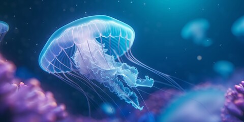 This image captures the otherworldly beauty of a jellyfish, highlighted by ethereal underwater lighting
