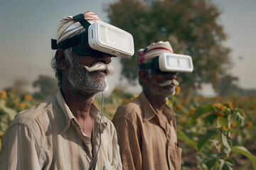 Indian farmers wearing VR glasses