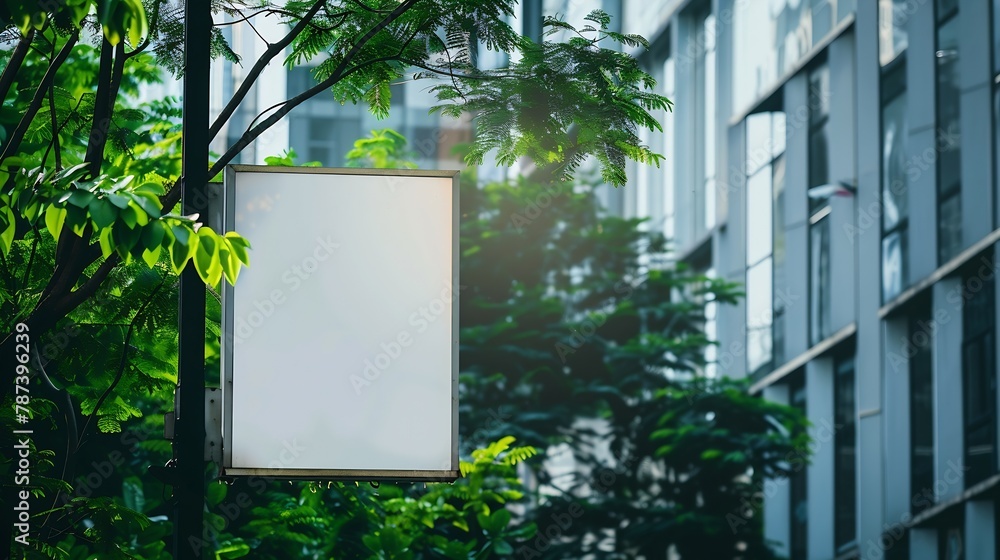 Aufkleber the blank advertising banner suspended on the street lamp pole with the tree and building facade bac